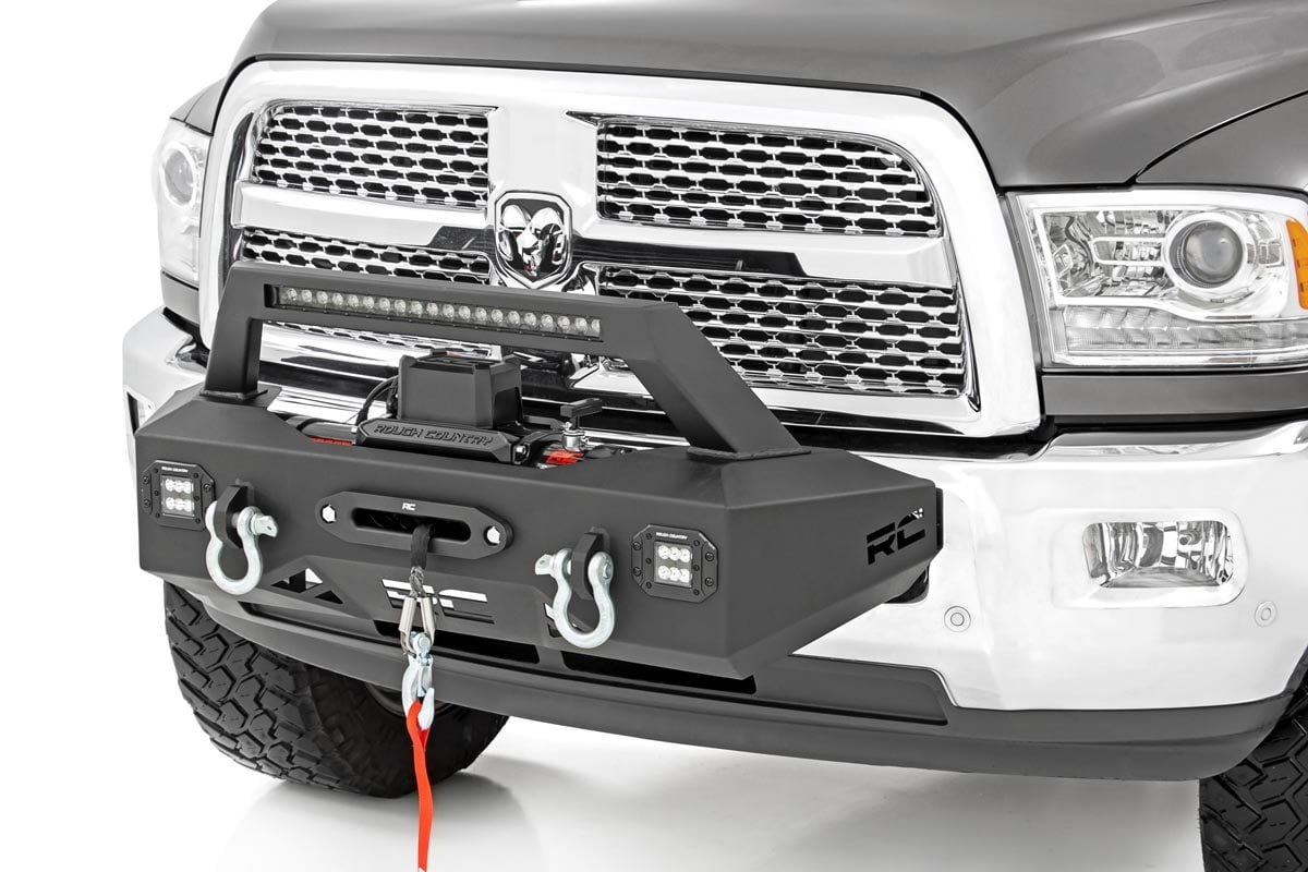 Ram 2500 Winch Mount Kit - Rough Country - EXO System with LED Light bar and LED Cubes - Black - '14-'18